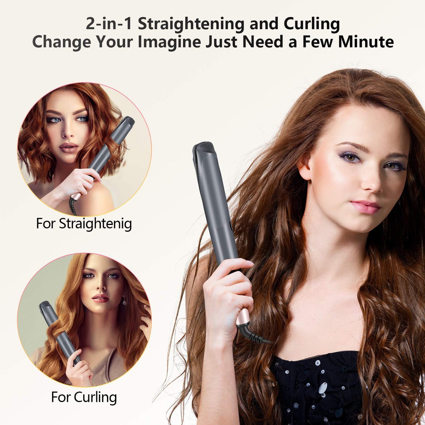 2-in-1 Tourmaline Ceramic Hair Iron: Straightener & Curler with Display