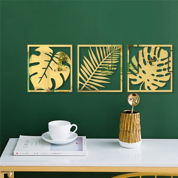 3-Piece Set: Palm Leaves Acrylic Mirror Wall Stickers in Golden