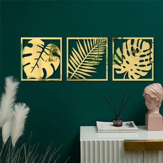 3-Piece Set: Palm Leaves Acrylic Mirror Wall Stickers in Golden