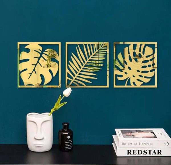 3-Piece Set: Palm Leaves Acrylic Mirror Wall Stickers in Golden