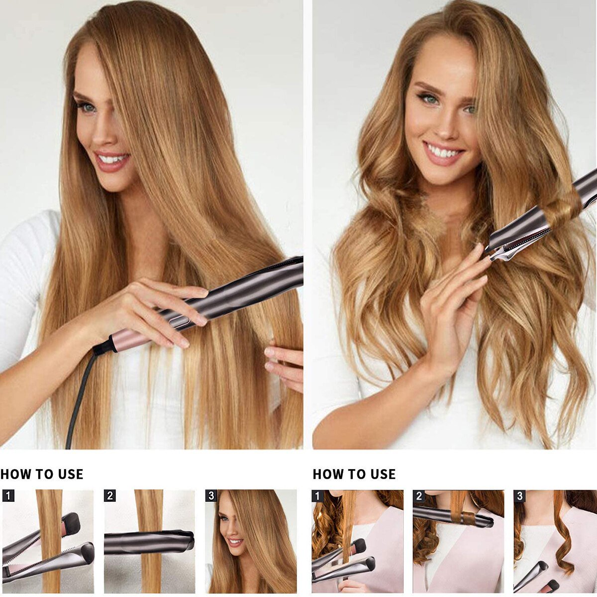 2-in-1 Tourmaline Ceramic Hair Iron: Straightener & Curler with Display