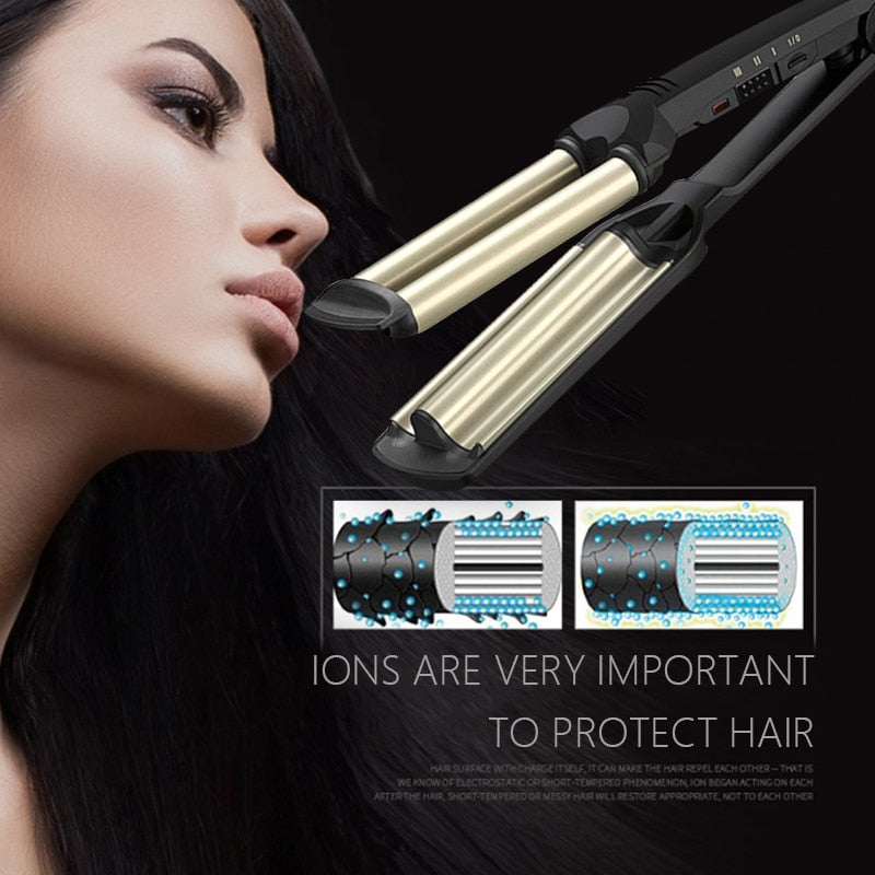 KEMEI Professional Hair Curler: 3-Barrel Big Wave Ceramic Styling