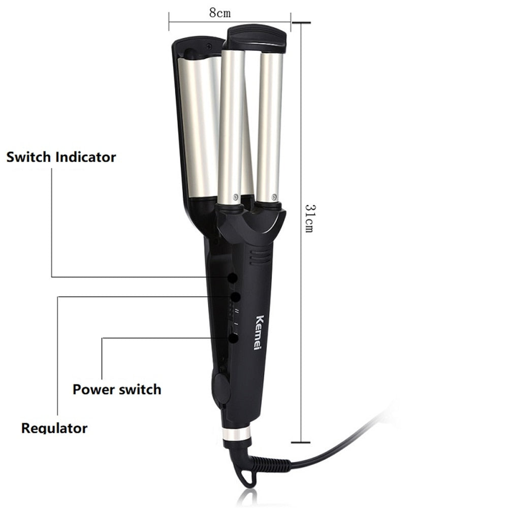 KEMEI Professional Hair Curler: 3-Barrel Big Wave Ceramic Styling