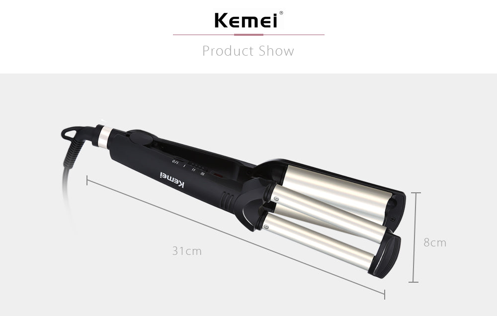 KEMEI Professional Hair Curler: 3-Barrel Big Wave Ceramic Styling