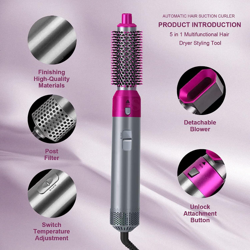 5-in-1 Detachable Hair Dryer: Comb, Straightener & Curler