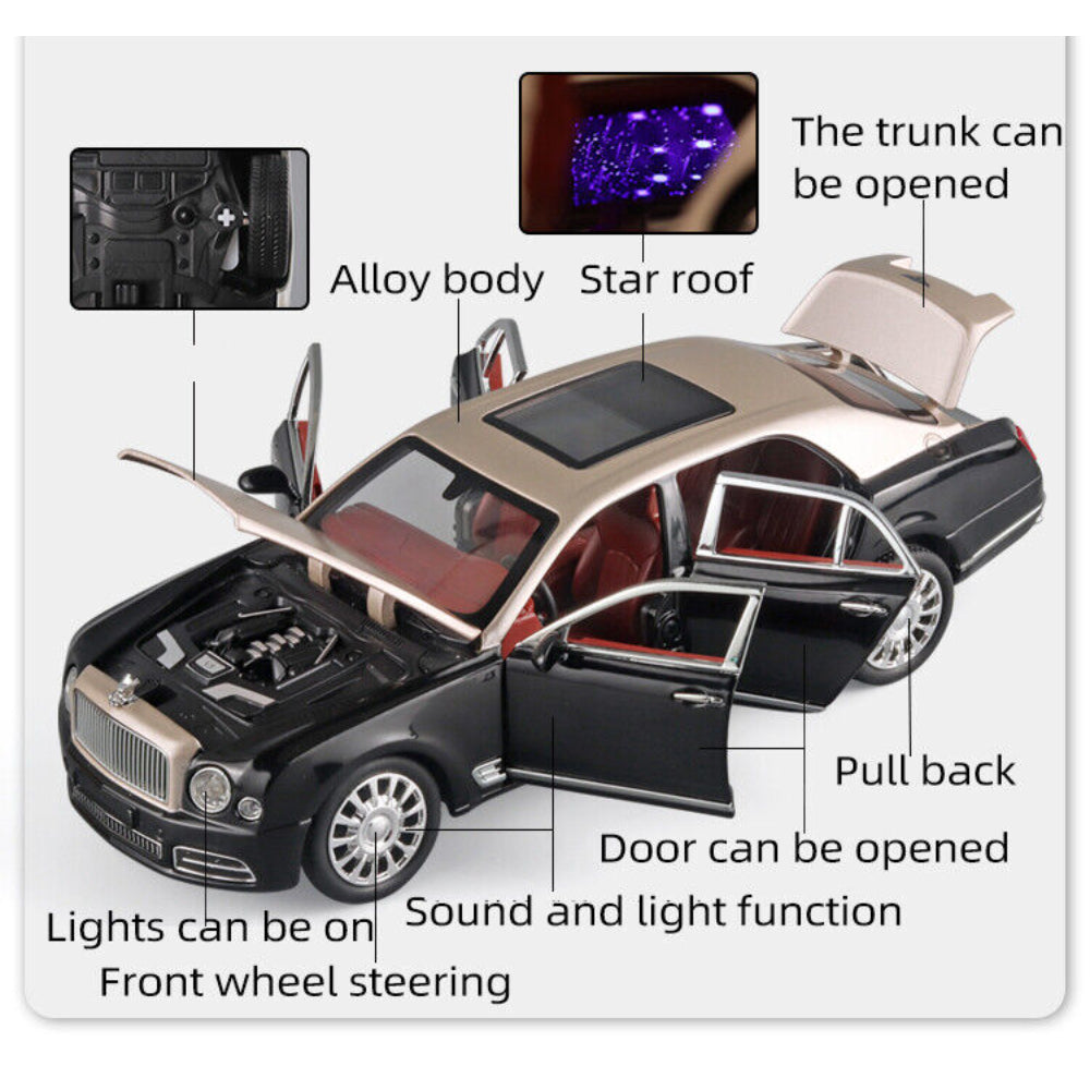 Bentley Mulsanne Die-Cast Model Car: 1:24 Scale with Sound & Light