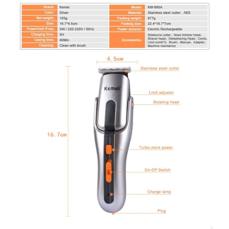 Kemei 680A Multifunction Hair Trimmer: Rechargeable, Cordless Clipper