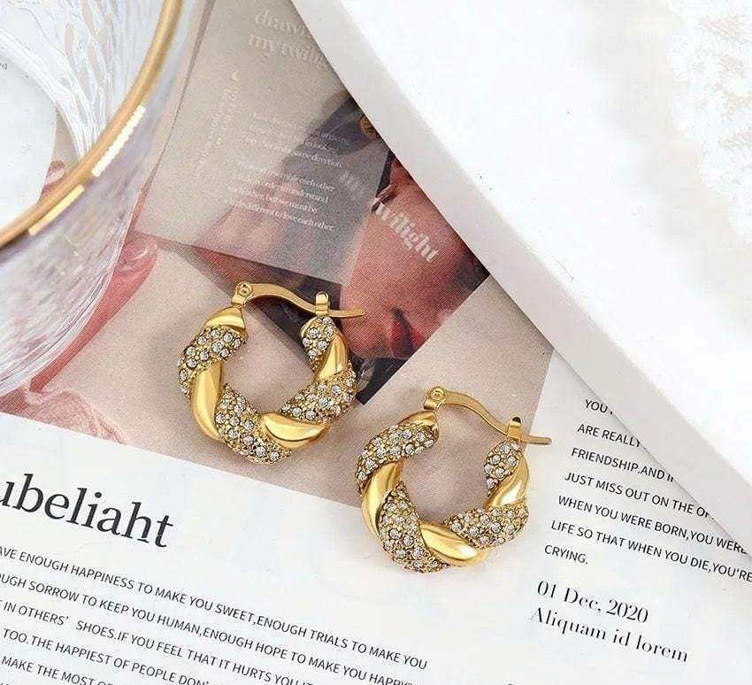 Twisted Zircon Pearl Gold Plated Hoops : Style 3