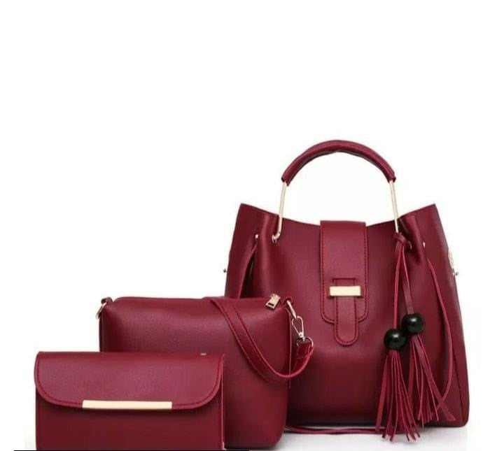 3 Pcs Women's Leather Shoulder Bag Maroon