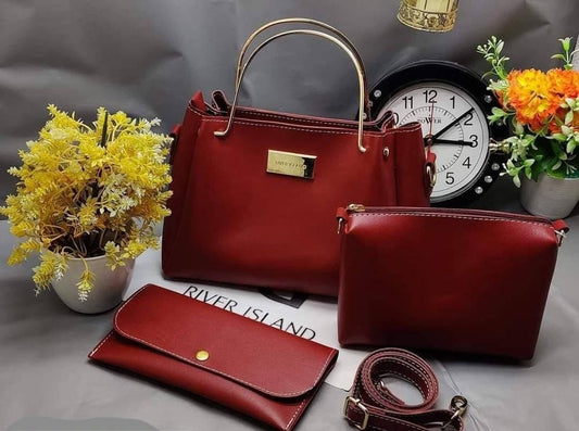 3 Pcs Women's Leather Shoulder Bag Maroon