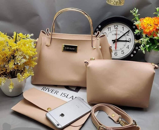 3 Pcs Women's Leather Handbag Beige