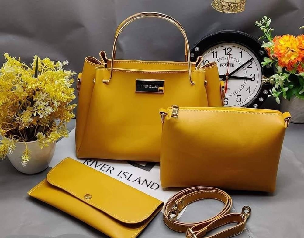 3 Pc Women's Leather Shoulder Bag Mustard