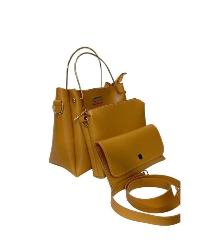 3 Pc Women's Leather Shoulder Bag Mustard