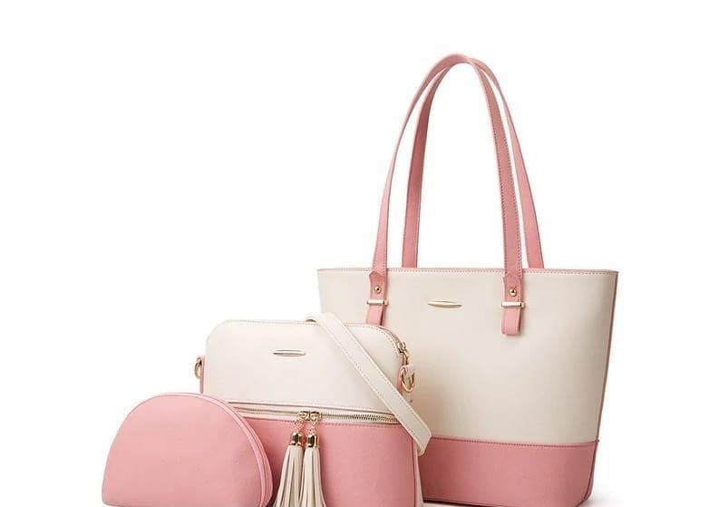 3 Pcs Women's Leather Plain Handbag Set White/Pink