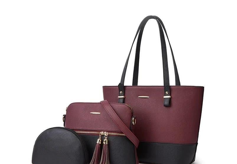 Women's Leather Plain Shoulder Bag Pack Of 3 Maroon/Black