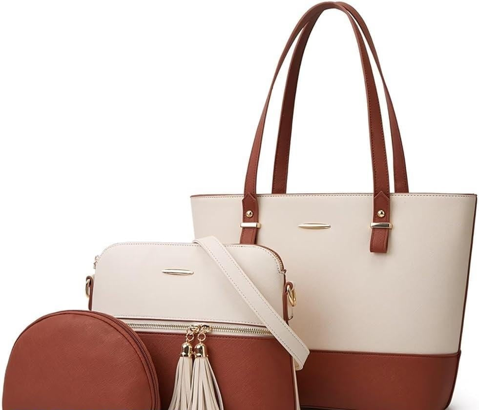 3 Pcs Women's LeatherBags : Beige/Brown