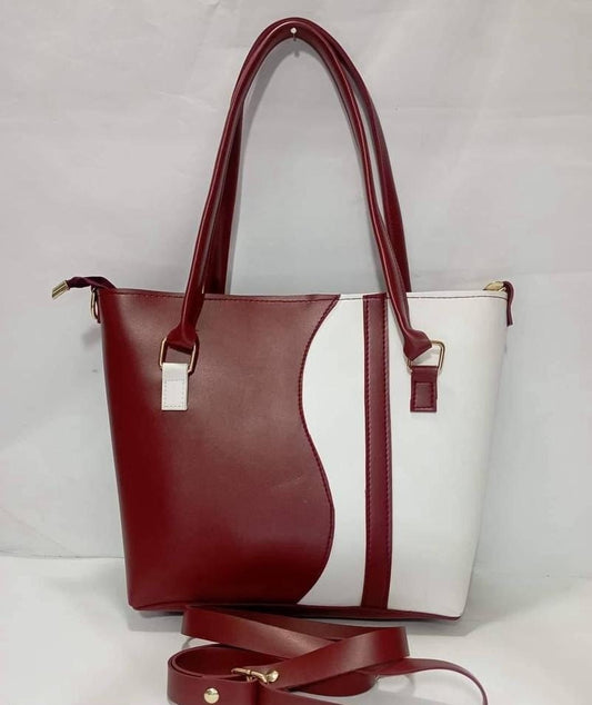 Women's Leather Plain Tote Handbag : Maroon/White