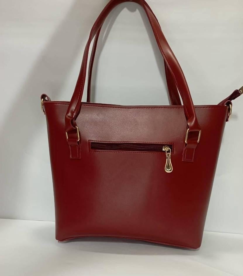 Women's Leather Plain Tote Handbag : Maroon/White