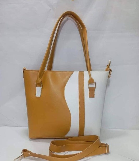 Women's Leather Plain Tote Handbag : L.Brown/White