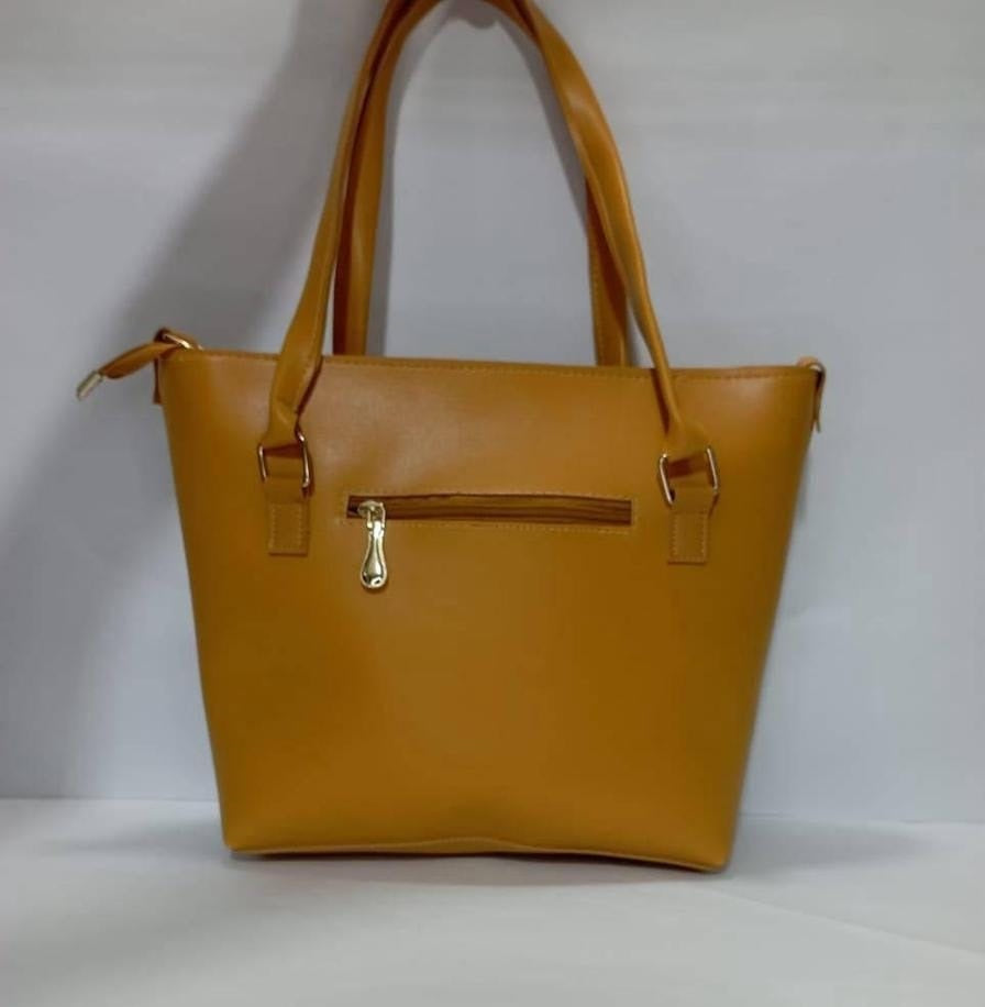 Women's Leather Plain Tote Handbag : L.Brown/White