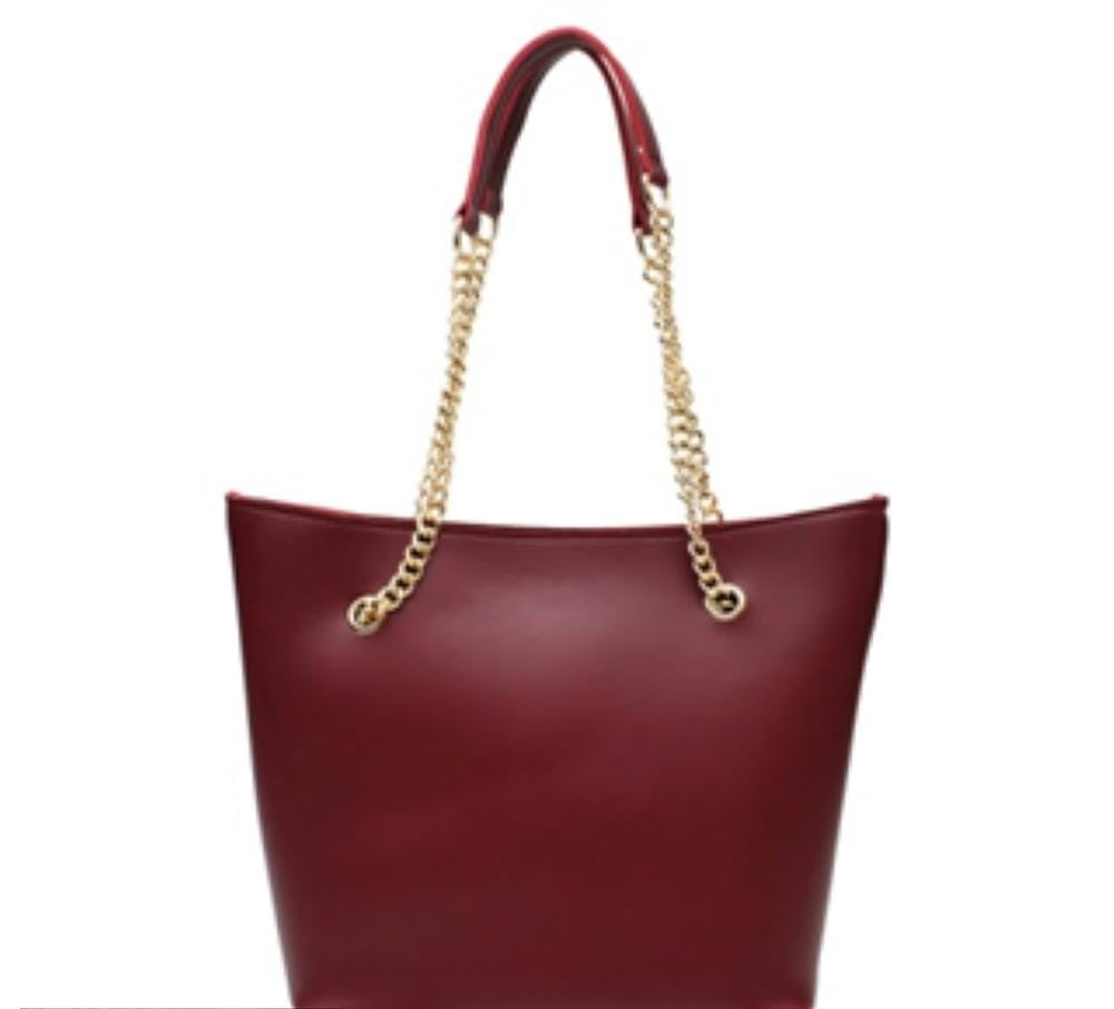 Women's Leather Plain Tote Handbag 2Pcs : Maroon