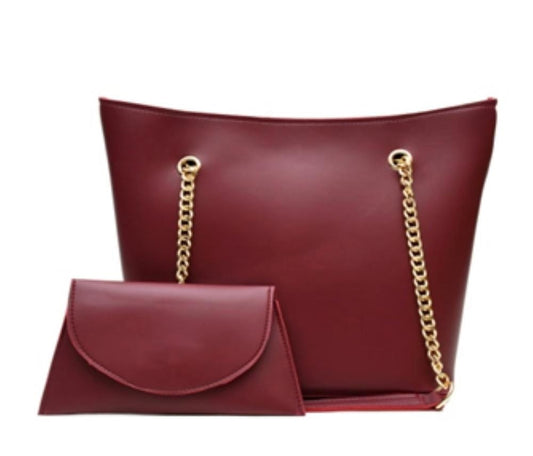 Women's Leather Plain Tote Handbag 2Pcs : Maroon