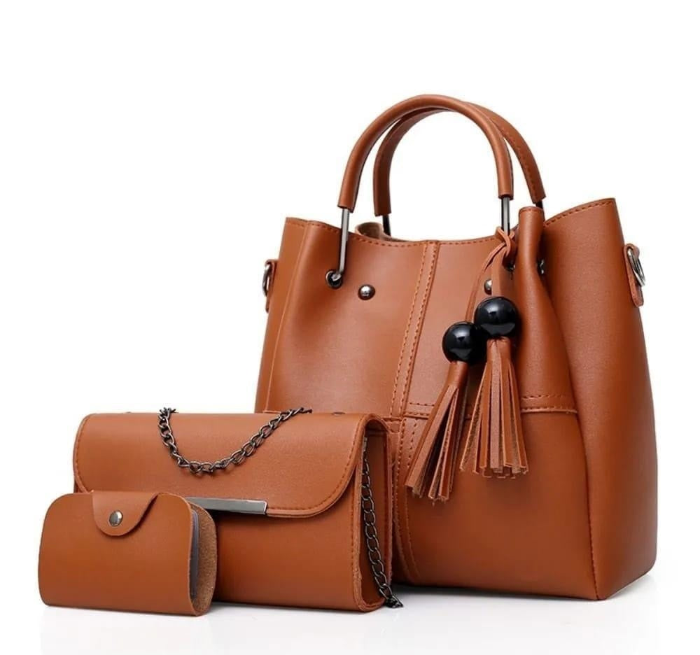 3 Pcs Women's Leather Plain Handbag Set 3 Colours