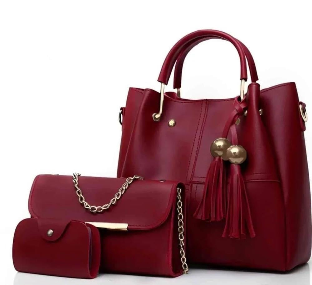 3 Pcs Women's Leather Plain Handbag Set 3 Colours