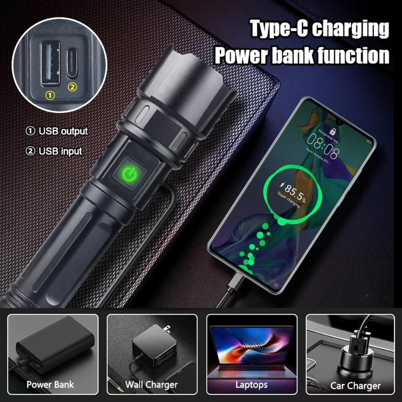 Long-Range LED Emergency Flashlight: Multi-Functional with Type-C Powerbank