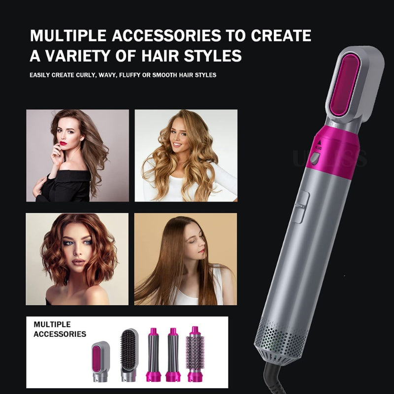 5-in-1 Detachable Hair Dryer: Comb, Straightener & Curler