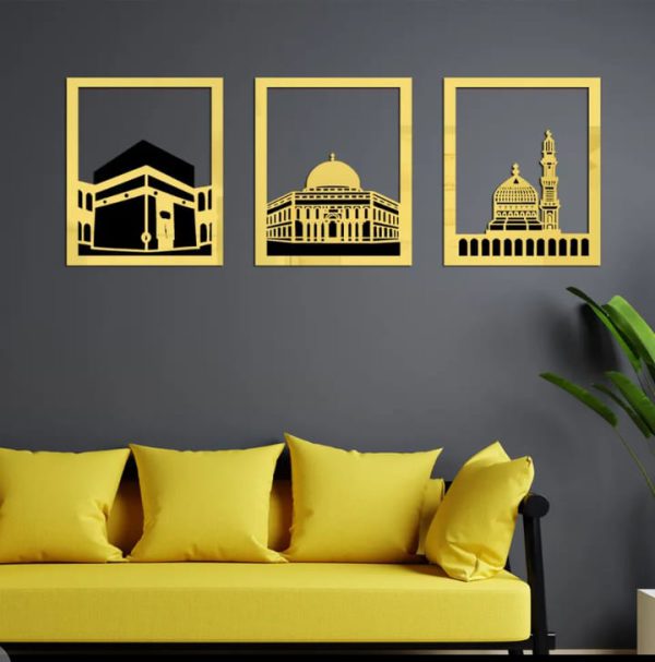 Set of 3 Mosque Wall Decor: Acrylic Mirror and Wooden Room Decor in Golden