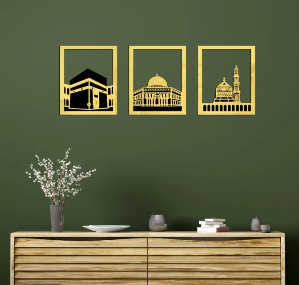 Set of 3 Mosque Wall Decor: Acrylic Mirror and Wooden Room Decor in Golden