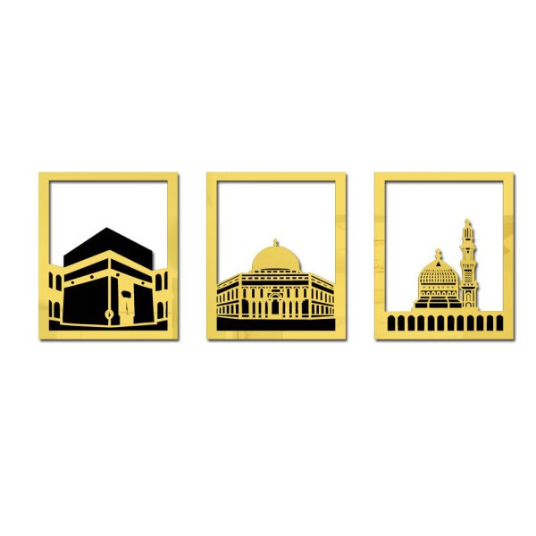 Set of 3 Mosque Wall Decor: Acrylic Mirror and Wooden Room Decor in Golden